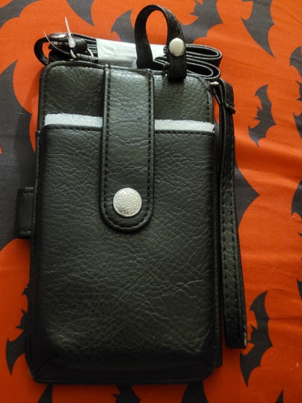 Black Leather-Look Crossbody Phone Holster with Snap Strap
